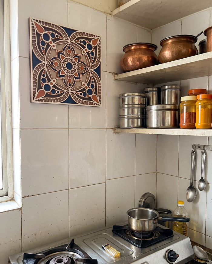 Jaipur Block Print mandala on a kitchen wall with copper pots