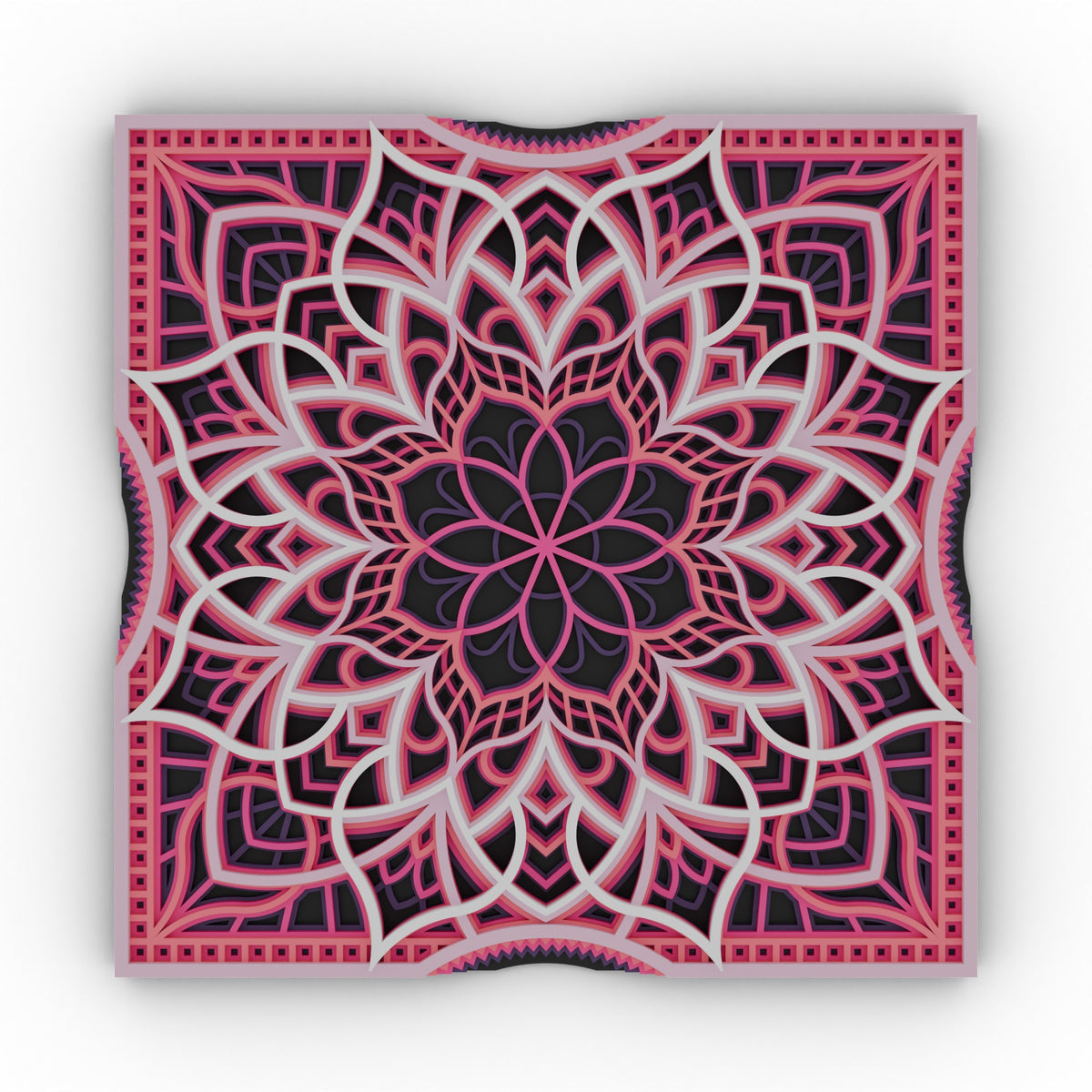 Sakura at Dusk layered mandala desk piece 120 mm with stand – front view on white