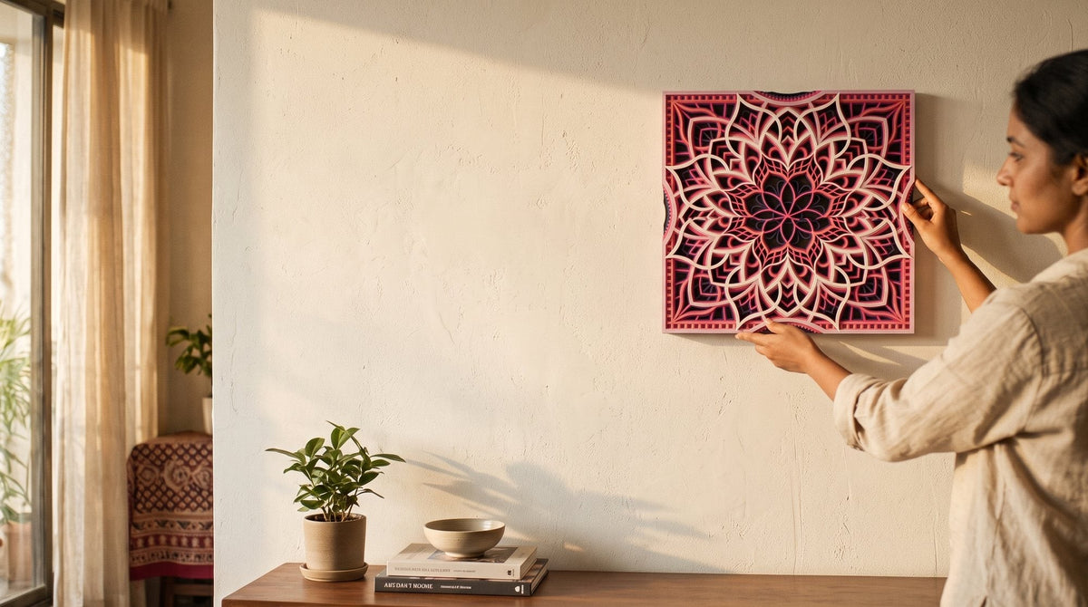 Sakura at Dusk mandala being hung in a sunlit living room