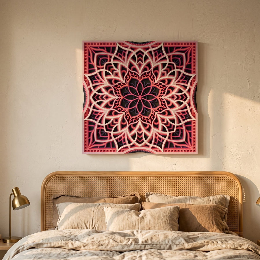 Sakura at Dusk mandala above a rattan headboard