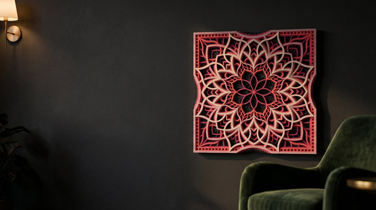 Sakura at Dusk mandala on a charcoal wall lit by a wall lamp
