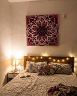 Sakura at Dusk mandala above a bed with fairy lights