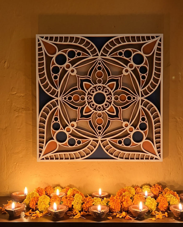 Jaipur Block Print mandala above a Diwali diya shelf