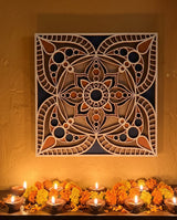 Jaipur Block Print mandala above a Diwali diya shelf