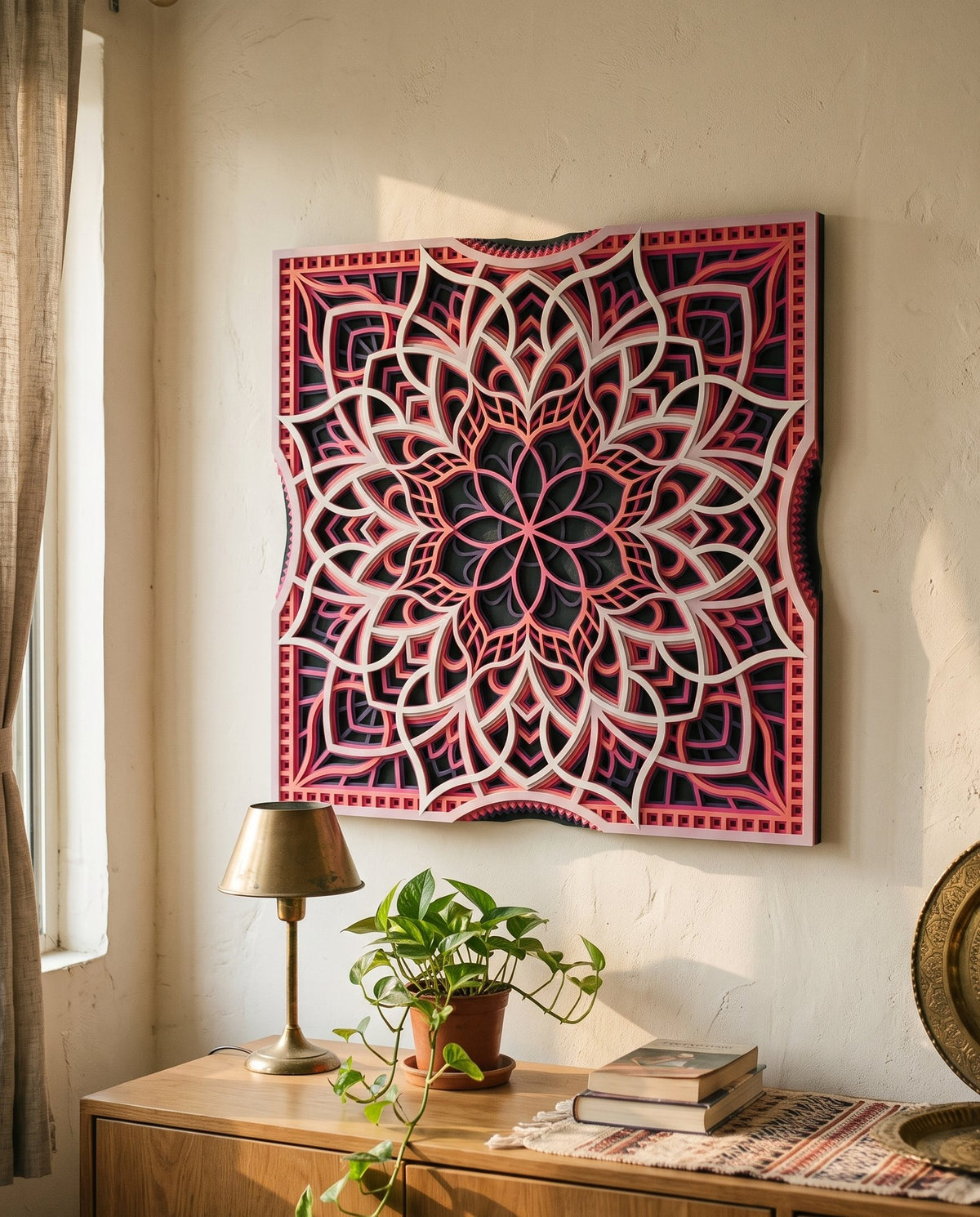 Sakura at Dusk mandala above a living room console